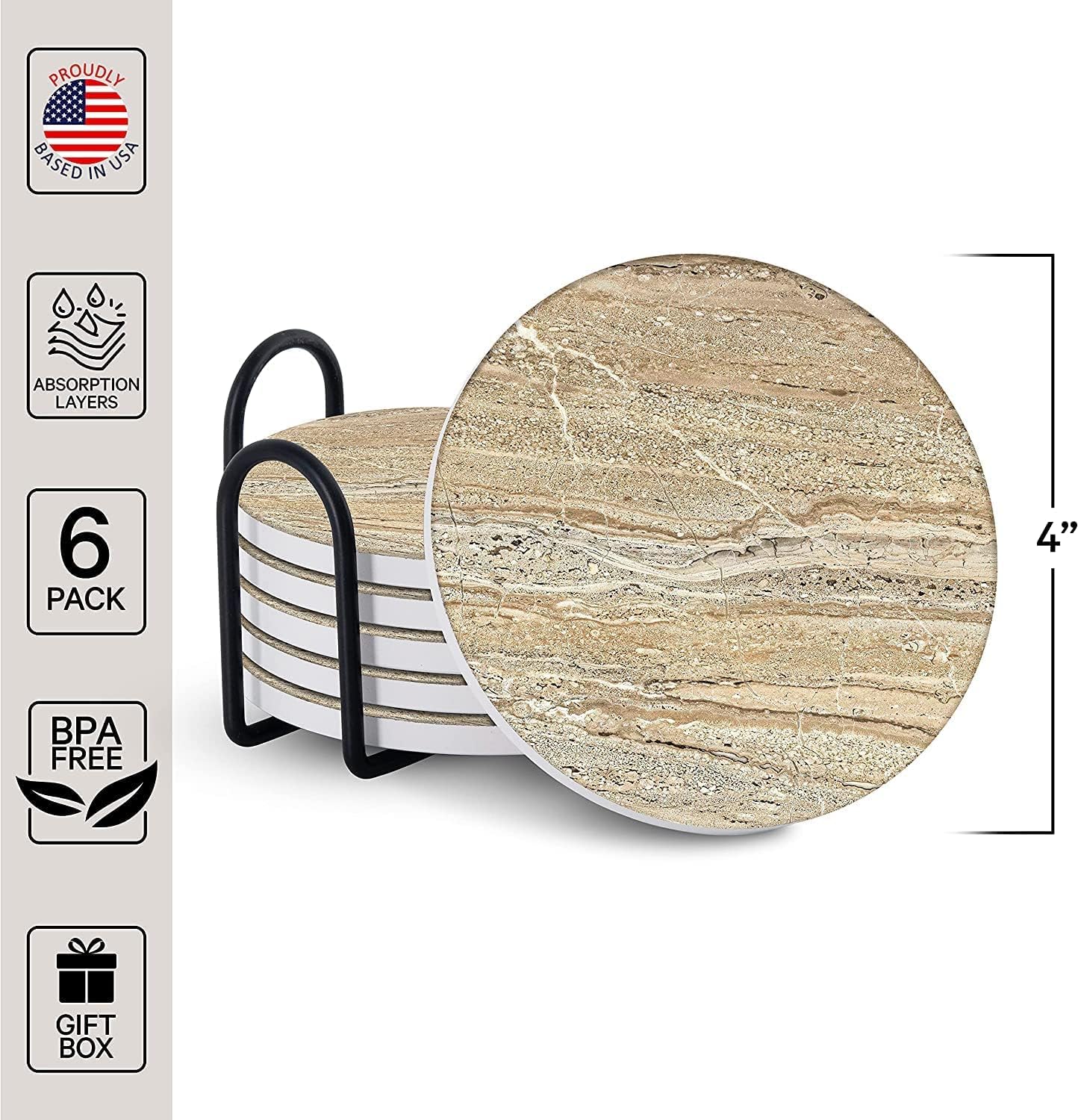 Emerson Coasters for Drinks Absorbent – Natural Stone Drink Coasters Set with Holder, Coasters for Coffee Table, Wooden Tabletop Protection Marble Style – 100% Heavy Duty Set of 6 (Sandstone)