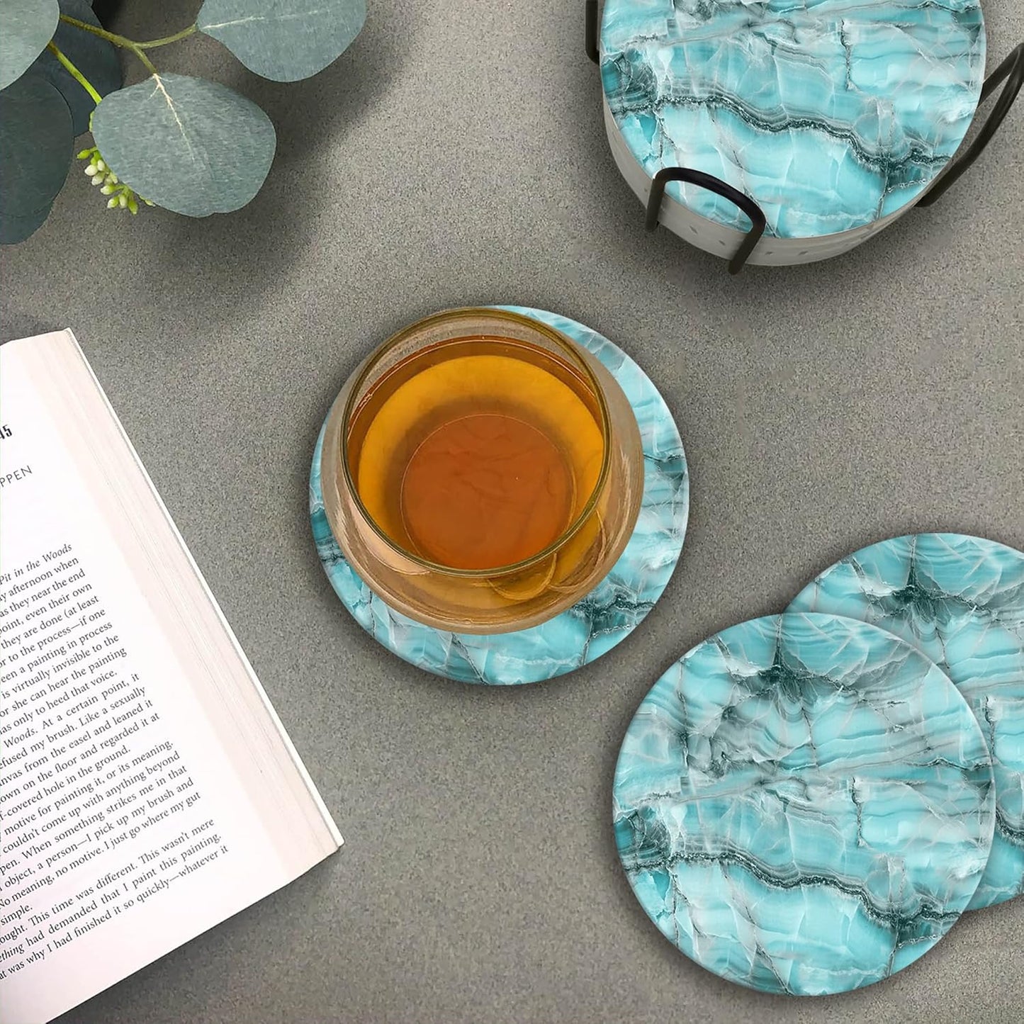 Emerson Coasters for Drinks Absorbent – Natural Stone Drink Coasters Set with Holder, Coasters for Coffee Table, Wooden Tabletop Protection Marble Style – 100% Heavy Duty Set of 6 (Aura)