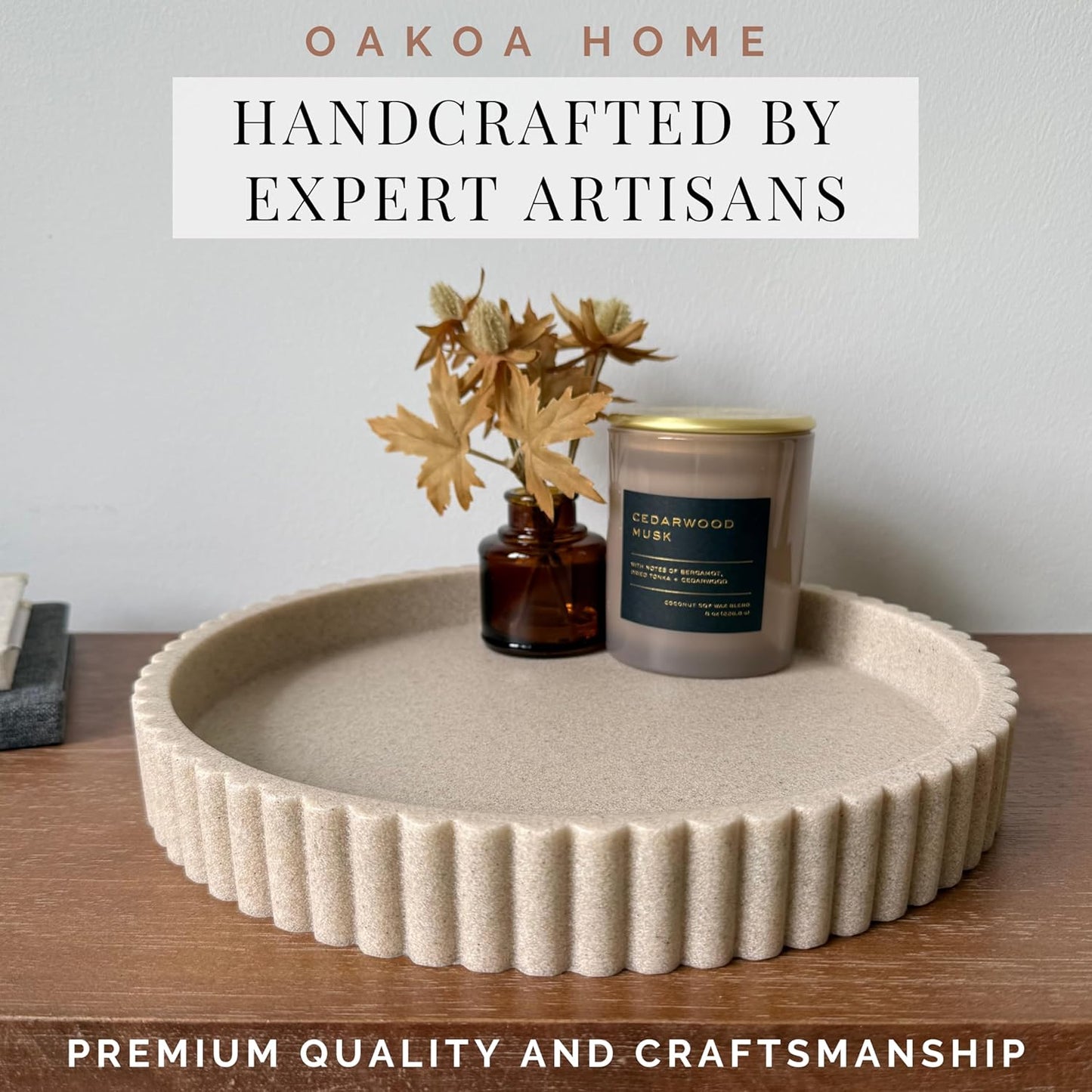 OAKOA Beige Resin Decorative Trays for Decor - Coffee Table Decor Tray Ottoman Tray for Living Room - Nightstand Round Table Centerpiece for Candle