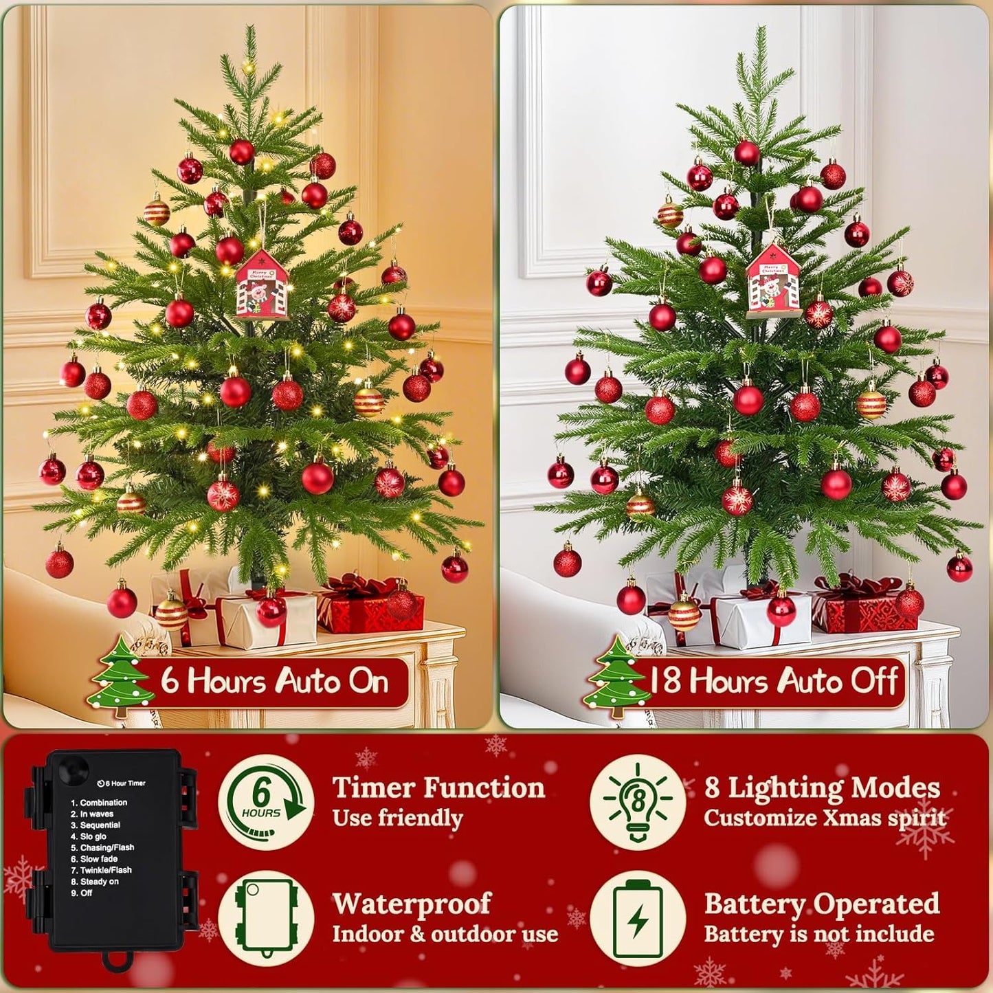 MARTINE MALL 3FT Realistic Norfolk Pine Small Christmas Tree with 50 LED String Light, Full Mini Christmas Tree Artificial Tabletop Xmas Trees with Red Hanging Ball Ornaments for Table Home Holiday