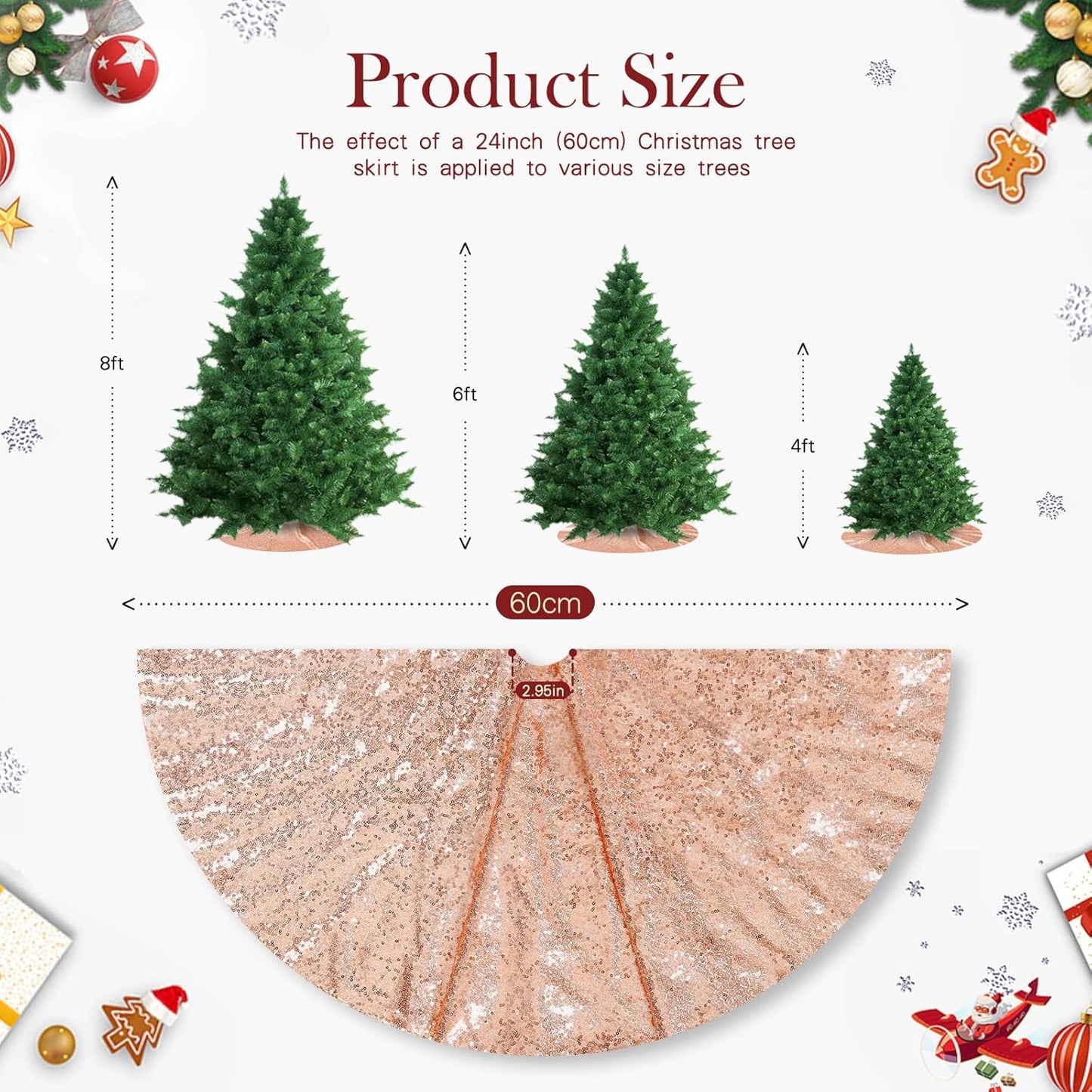 Rose Gold Christmas Tree Skirt 24 Inches Sequin Tree Skirt Small Tree Skirt for Christmas Decorations