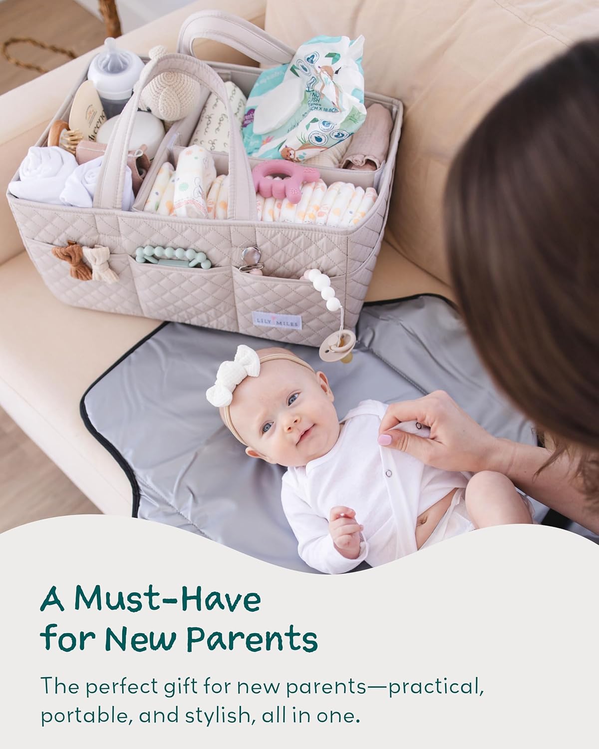 Lily Miles Baby Diaper Caddy Organizer, Quilted Nursery Storage Organizer for Newborn Essentials and Diaper Changing Station, Gift for Baby Shower and Registry Must-Have (Soft Sand)