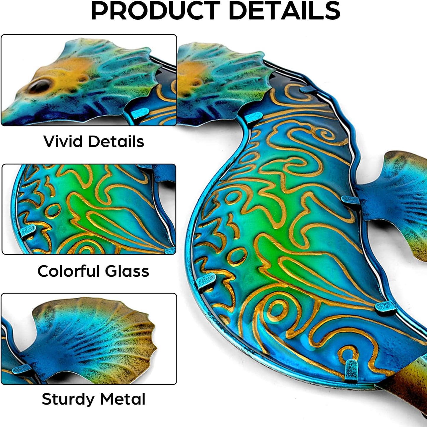 John's Studio Seahorse Sea Wall Decor Outdoor Metal Garden Hanging Art Glass Sculptures Home Ocean Theme Decorations for Kitchen Bathroom and Pool