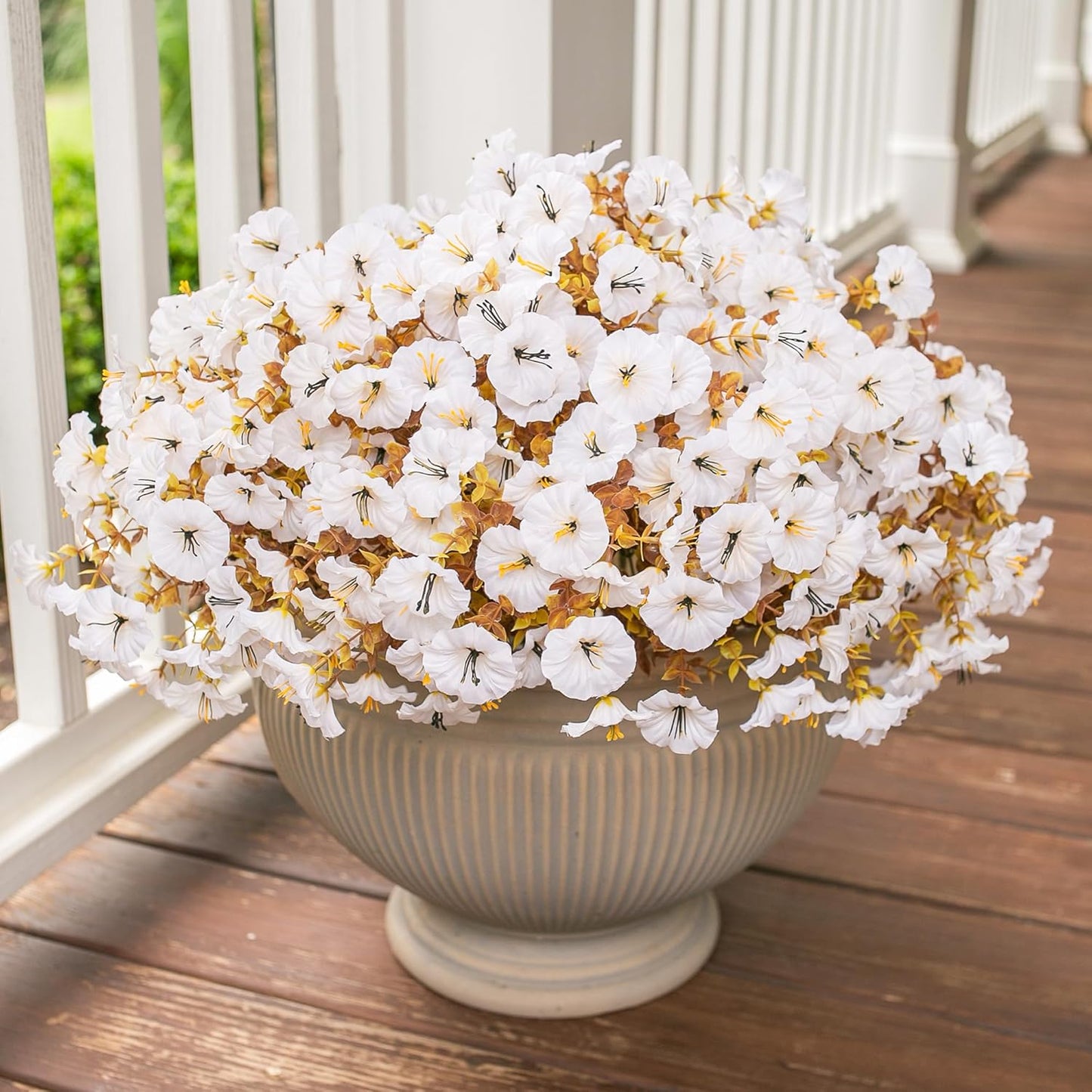 Fake Mums Artificial Fall Flowers Fake Plants for Outdoors Autumn Decor, 12 Bundles White Silk Morning Glory with Eucalyptus Look Real UV Resistant Faux Flowers for Outside Planters Front Door Yard