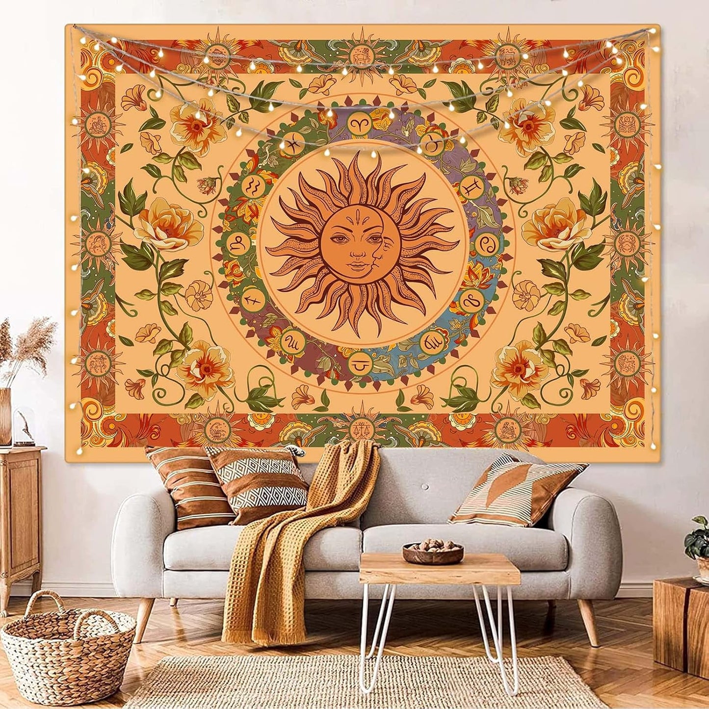 Aipon Vintage Sun Tapestry for Classroom Rainbow Boho 70s Sunshine Sunset Tapestries Wall Hanging Aesthetic Retro Tapestrys for Living Room Dorm (60'' × 50'', Orange)