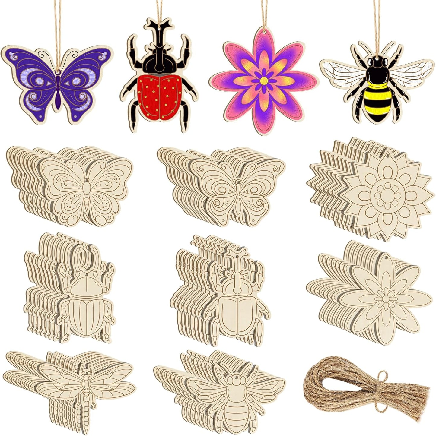 80PCS Wooden Spring Ornaments to Paint, 8 Styles DIY Blank Unfinished Wood Insect Cutouts Ornament for Crafts Hanging Decorations, Dragonfly Butterfly Flower Shape Home Decorations Gifts