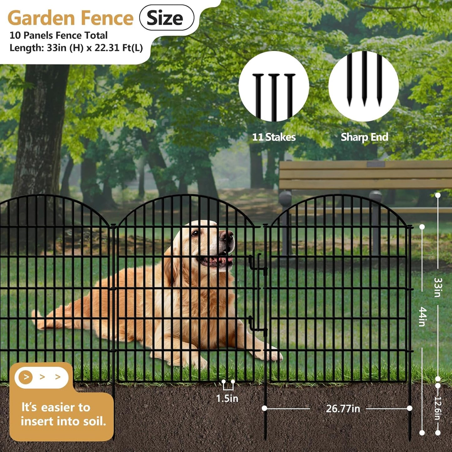 10 Panels Decorative Garden Fencing with Lock, 33in (H) x 21.92ft (L) No Dig Dog Fence Outdoor for Yard, Animal Barrier Rustproof Metal Temporary Panel Border for Rabbit, Dog and Patio Camping