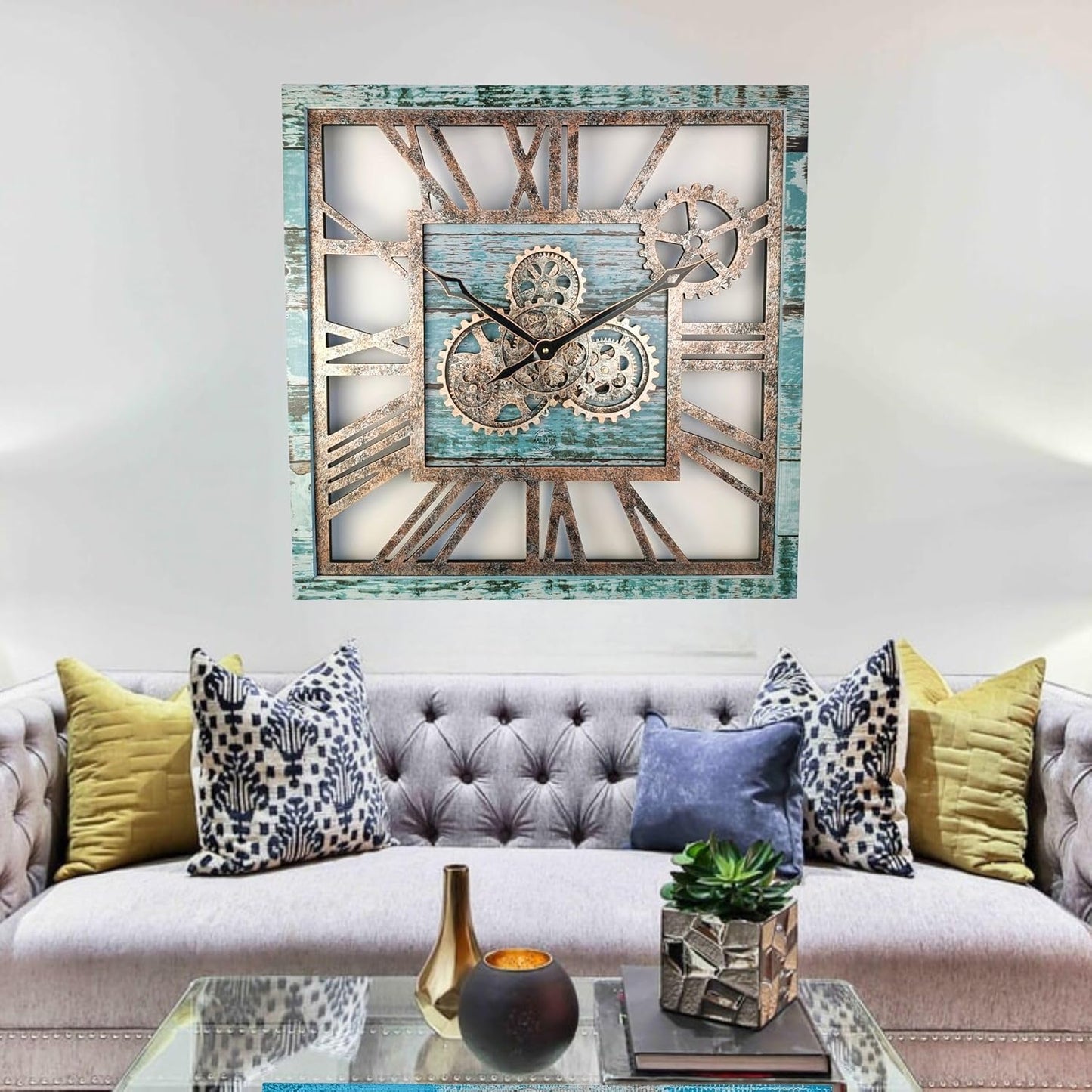 The Gears Clock 24'' Inch Square Real Moving Gear Wall Clock Vintage Industrial Oversized Rustic Farmhouse (Aqua Green)