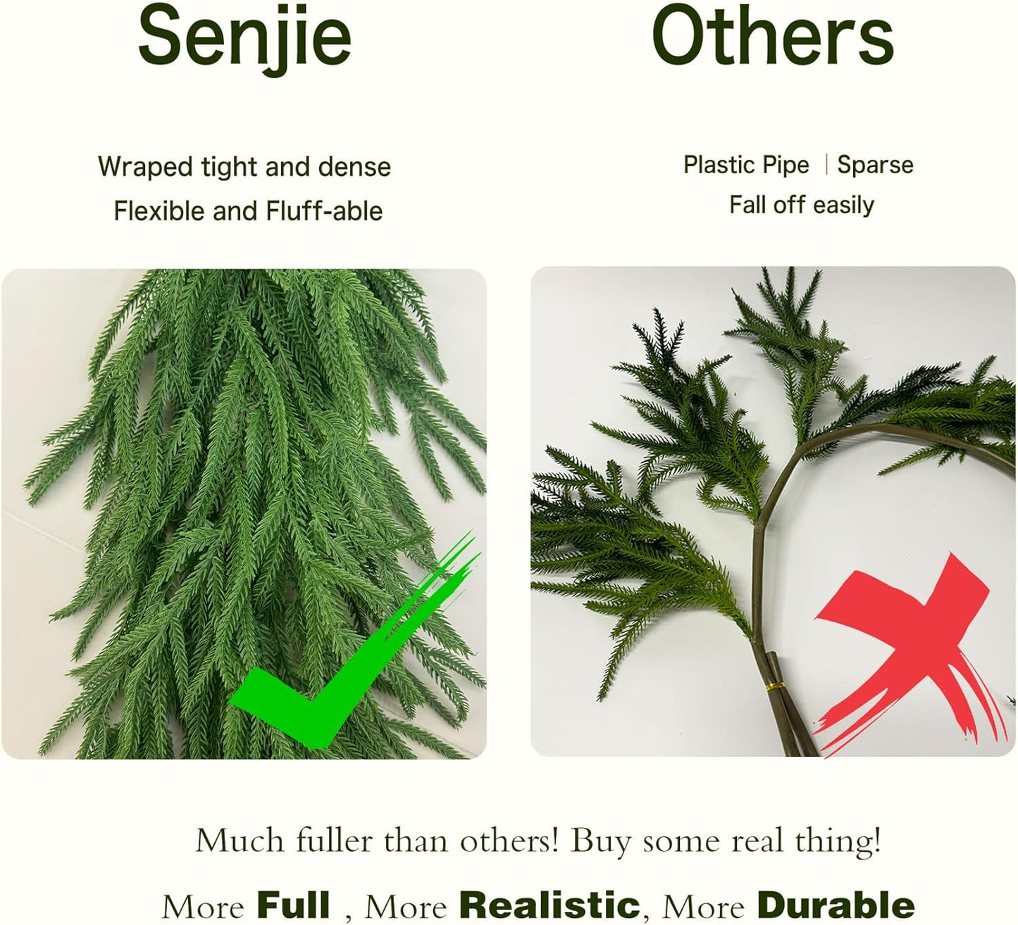 2PCS 9FT Christmas Garland Norfolk Pine Garland Real Touch Artificial Greenery Garland for Mantle Fireplace Table Indoor Outdoor Decor (Full)