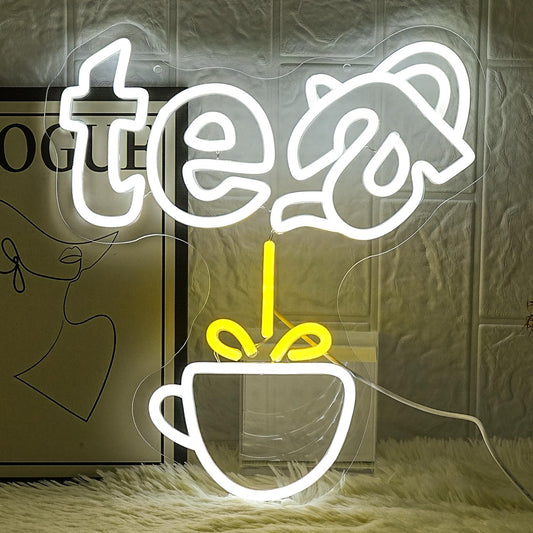 Tea Neon Sign Teapot LED Neon Light White Tea Bar Neon Sign Decor Hanging for Coffee Station, Teahouse, Restaurants, Home, Farmhouse, Kitchen Decoration