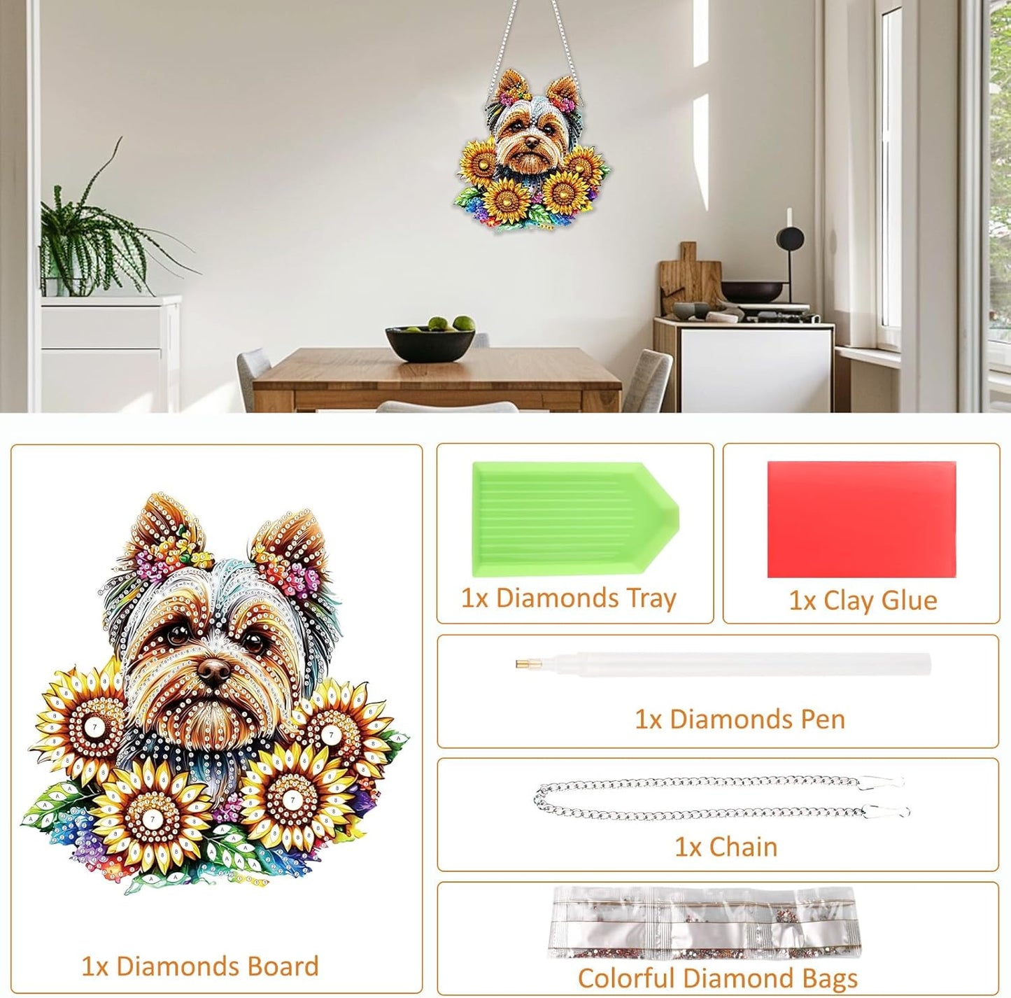SENQAO Dog Diamond Art Hanging Kit for Adult, Special Shaped Rhinestone, Double Sided DIY Acrylic Diamond Art Painting Window Pendants Home Garden Wall Hanging Kits Hanging Ornament (Sunflower)