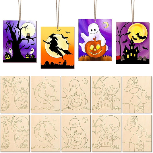 COCHIE 10PCS Large Halloween Unfinished Wood Crafts to Paint for Adults Kids, Bulk Predrilled Wooden Ornaments for Painting, Ghost Witch Bats Paintable Wood Slices Craft Supplies with Ropes