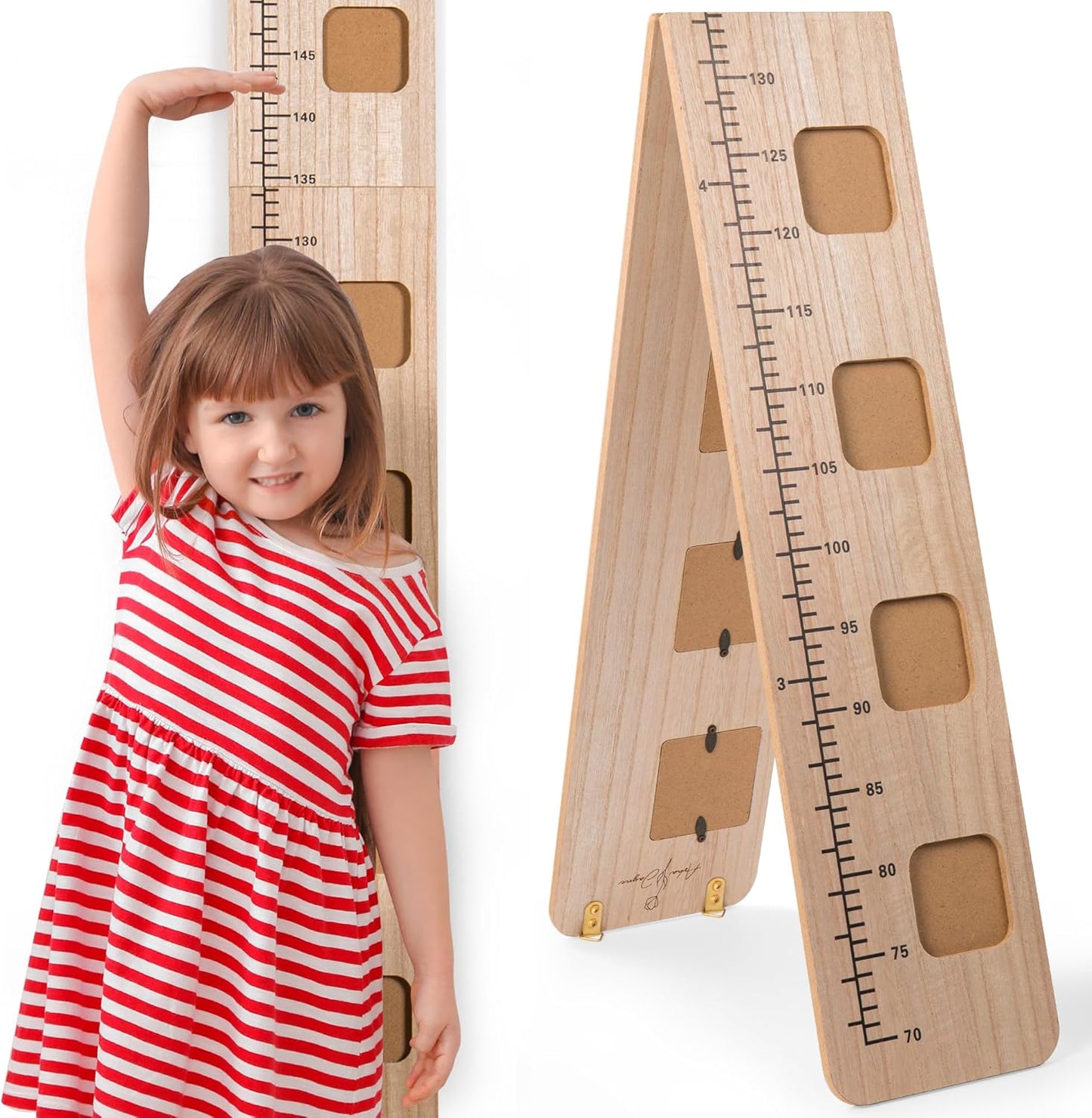 Wooden Growth Chart for Wall - Foldable Height Chart for Kids with Picture Slots - Milestone Tracker Measuring Board with Mounting Hooks - Easy Installation, Smooth Finish, Neutral Color