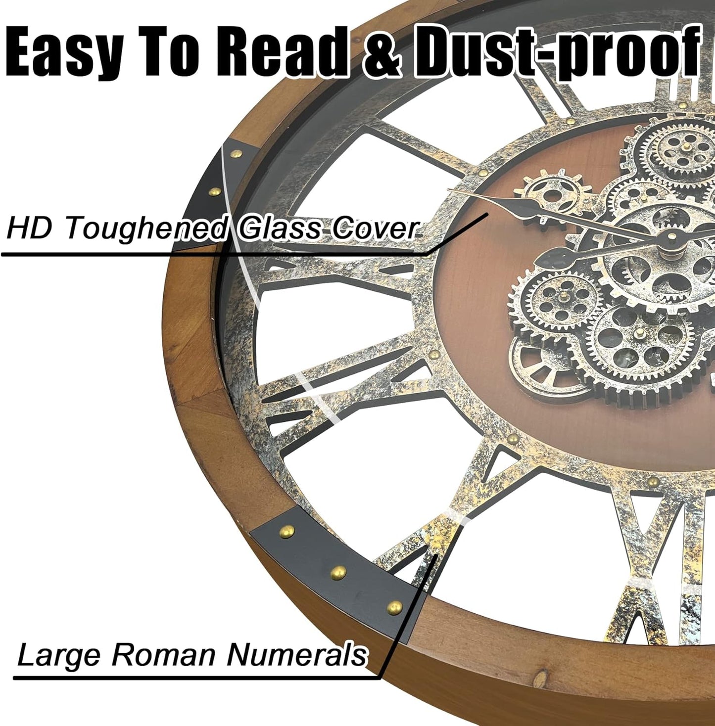 DORBOKER 24" Original Moving Gears Wall Clock, Large Industrial Wall Clock for Living Room Decor, Retro Wood Vintage Farmhouse Steampunk Rustic Clocks for Wall Decor,Brown Nanmu