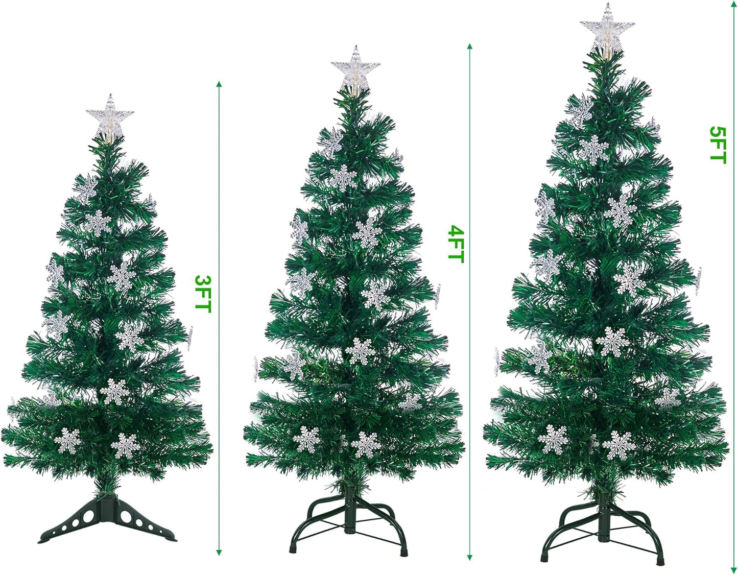 Juegoal 5 ft Pre-Lit Artificial Christmas Tree, Lighted Optical Fiber Xmas Trees with RGB Color Changing LED Lights, Snowflakes & Top Star, Festive Party Holiday Fake Multicolored Tree with Metal Legs