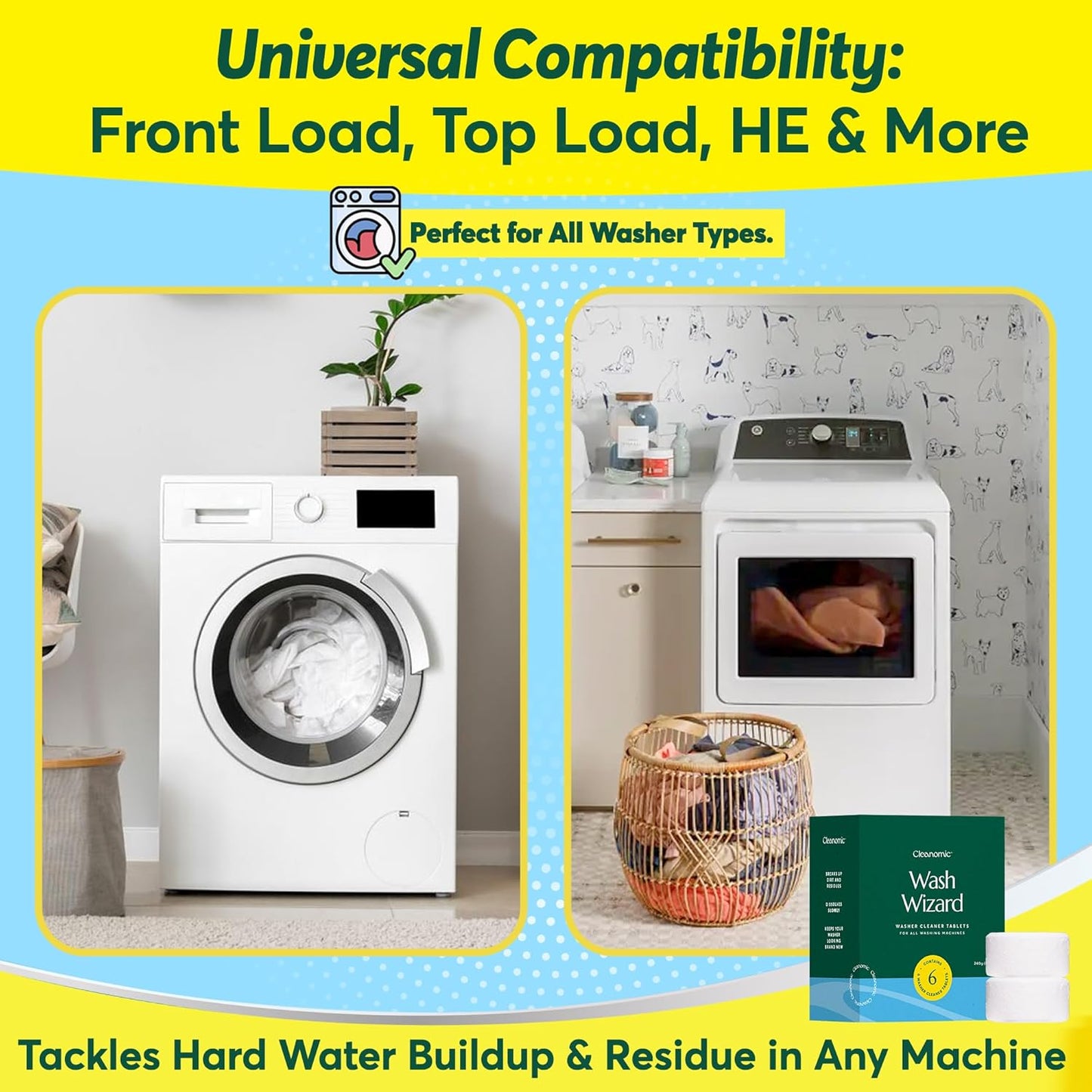 Cleanomic WashWizard Washing Machine Cleaner Tablets – Deep Cleaning Washer Cleaner for Front Load, Top Load & HE Machines – Removes Odor, Buildup & Limescale – Septic Safe, Non-Toxic, 6 Tablets
