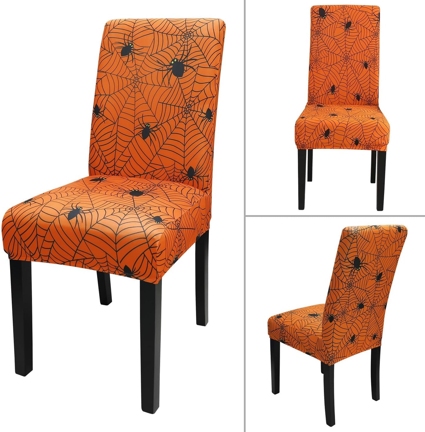 JQinHome Halloween Orange Dining Chair Slipcover, Spider Web Chair Covers Set of 6 ，High Stretch Washable Chair Protector Cover for Dining Room, Kitchen,Home Party,Wedding Ceremony(Orange, 6PC)