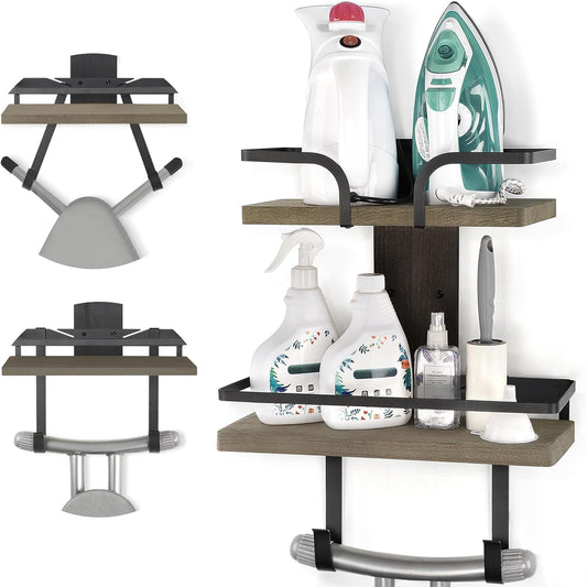 VINAEMO Ironing Board Hanger Wall Mount, 2-Layer Iron and Ironing Board Holder, Laundry Room Shelves Solid Wood with Removable Hooks Home Organization and Storage