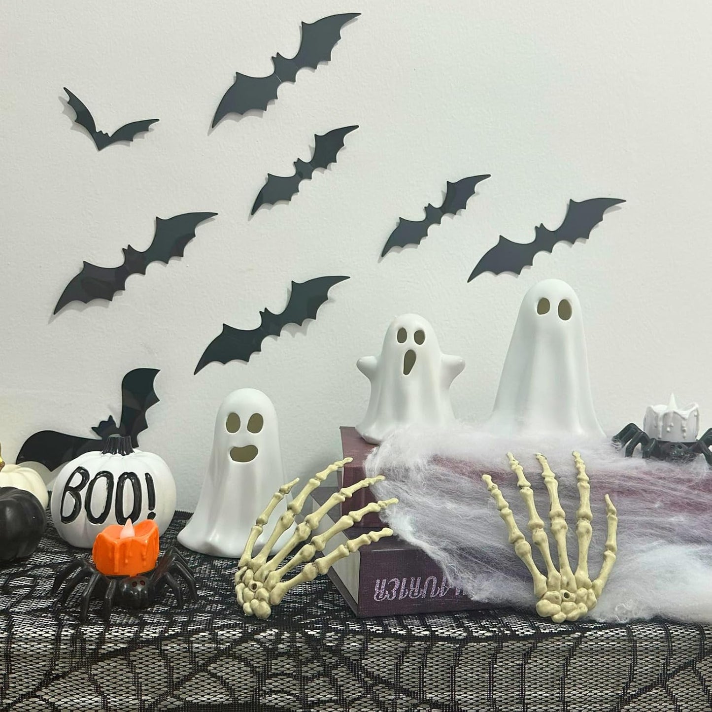 3 Pack Halloween Ceramic Ghost Decor, Light Up Ghost Halloween Decor, Cute Ghost Figurines for Table Tray Fireplace Home Indoor Decoration