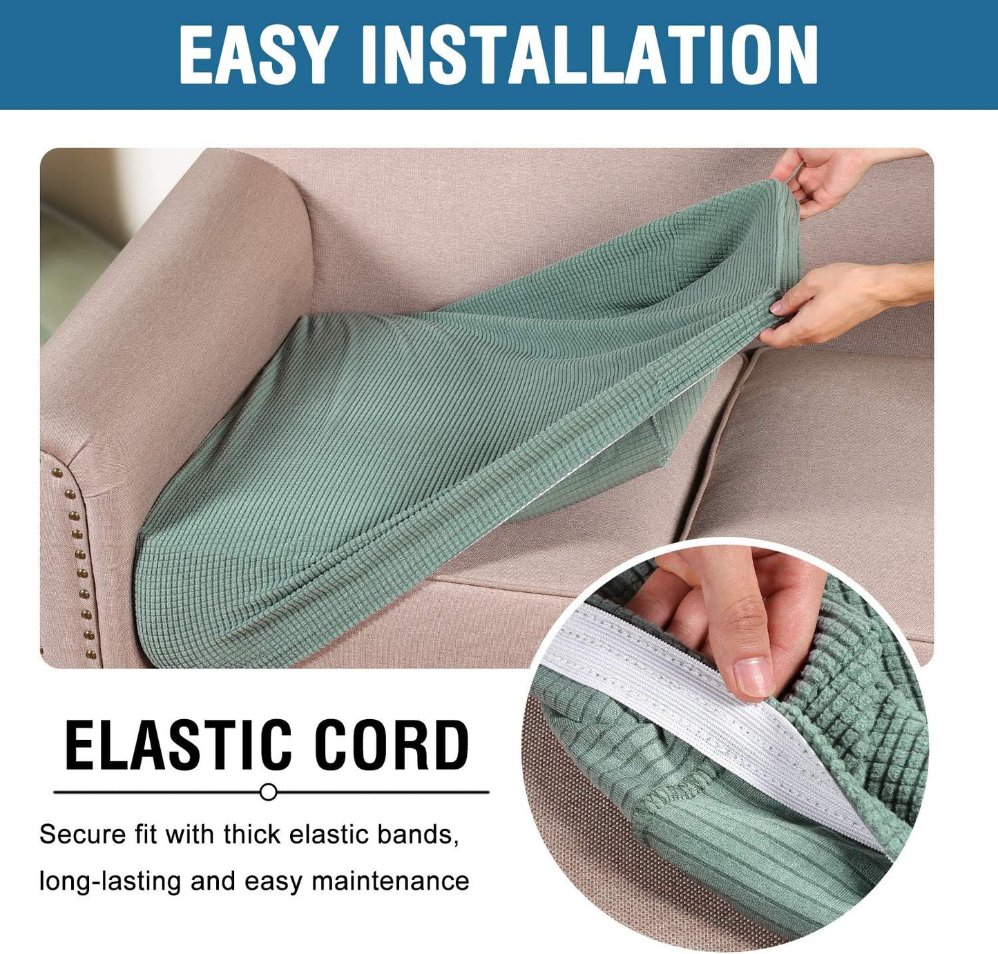 H.VERSAILTEX Super Stretch Individual Seat Cushion Covers Sofa Covers Couch Cushion Covers Slipcover Sets Thick Jacquard Textured Twill Fabric (3 Piece Sofa Cushion Covers, Sage)