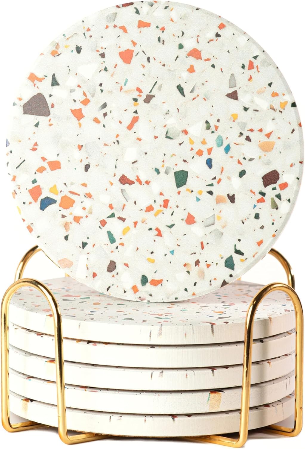 Terrazzo Drink Absorbent Coasters with Holder Set of 6, Ceramic Coaster for Drinks, Coffee Table Decor, Water Absorbing Stone Coaster for Drinks (Marble)