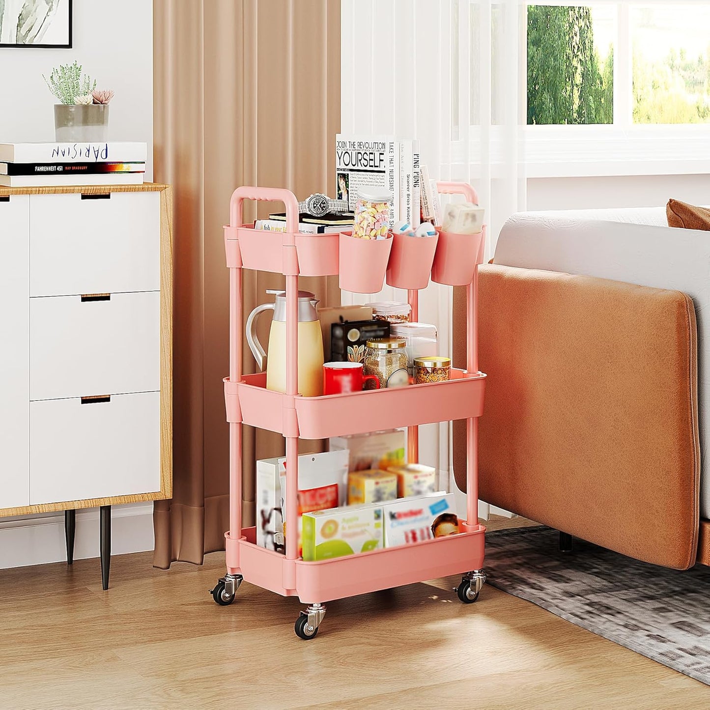 UDEAR 3-Tier Rolling Utility Cart,Multifunctional Storage Shelves with Handle and Lockable Wheels for Room,Office,Kitchen,Bathroom,with 3 Hanging Cups,Pink
