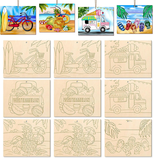 COCHIE 10 Pieces Large Summer Unfinished Wood Crafts to Paint for Kids Adults, Bulk Predrilled Wooden Ornaments for Painting, Beach Pattern Paintable Wood Slices Craft Supplies with Ropes