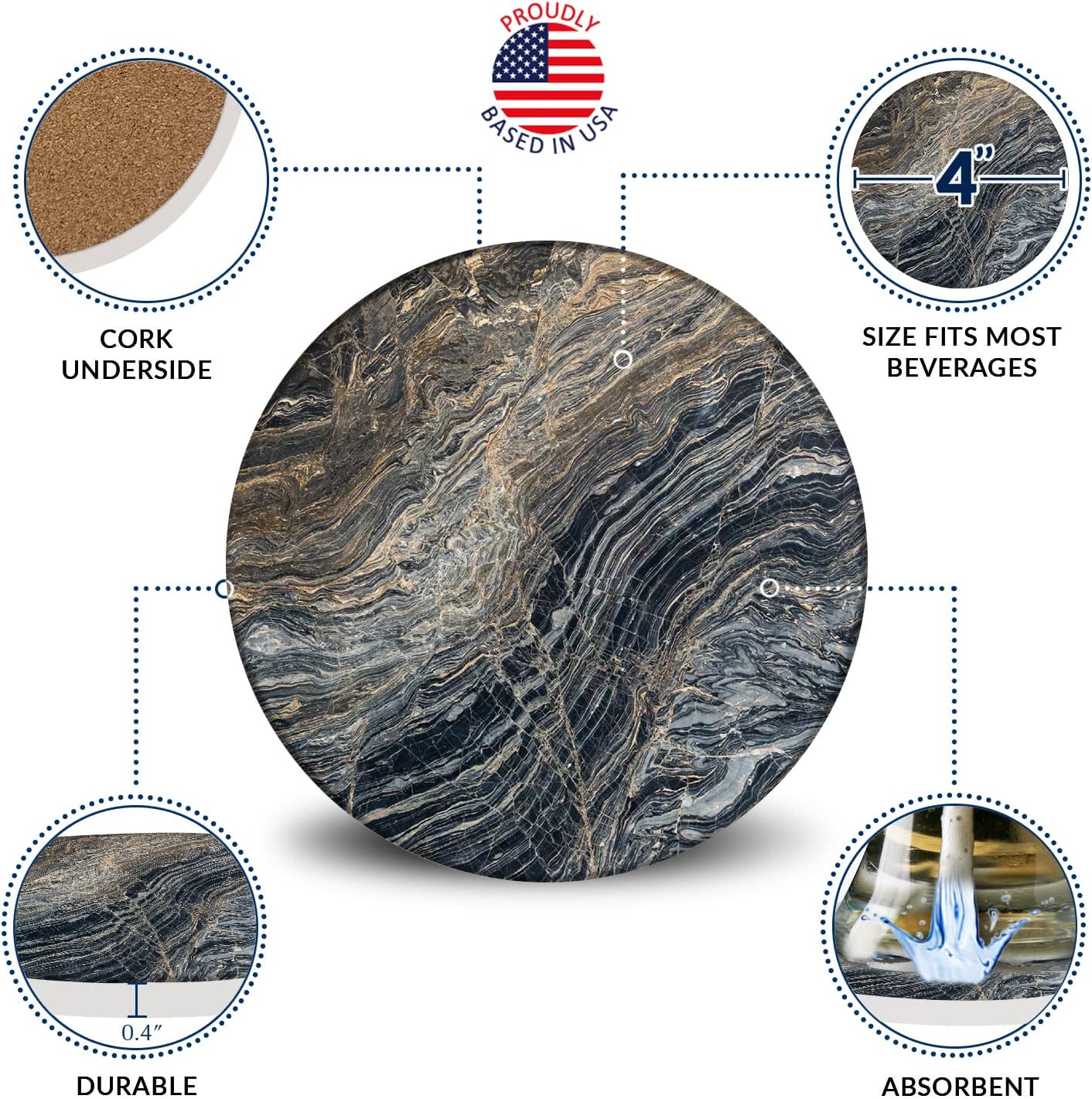 Emerson Coasters for Drinks Absorbent – Natural Stone Drink Coasters Set with Holder, Coasters for Coffee Table, Wooden Tabletop Protection Marble Style – 100% Heavy Duty Set of 6 (Lava)