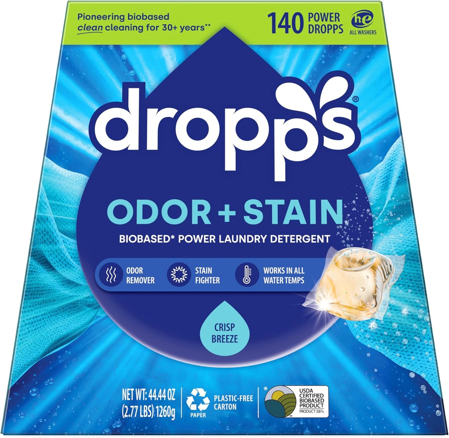 Dropps Odor & Stain Biobased Power Laundry Detergent Pods, Crisp Breeze (140 Pods) - HE Compatible Laundry Pods for Fresh Clothes - Laundry Soap Supplies & Recyclable Paperboard Packaging