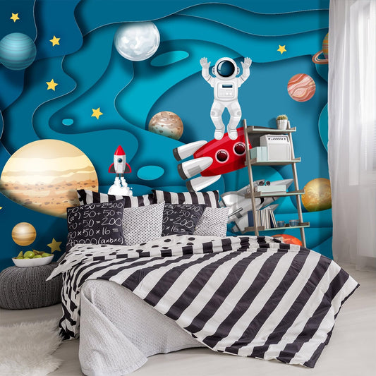 -Kindergarten Children Galactic Planet Fabric Wallpaper Living Room Bedroom Boys Girls Children Cartoon Astronauts Large Mural- 183"x120"（ not Peel and Stick）