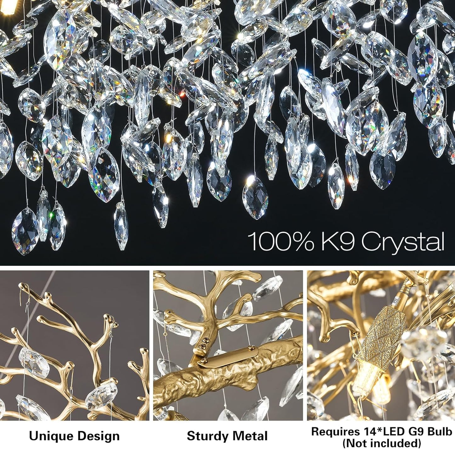 Modern Crystal Chandeliers for Dining Room Over Table, 40" Round Gold Tree Branche Chandelier, Large Crystal Chandelier for Living Room,High Ceiling,Foyer,Entryway,Kitchen Island,Staircase