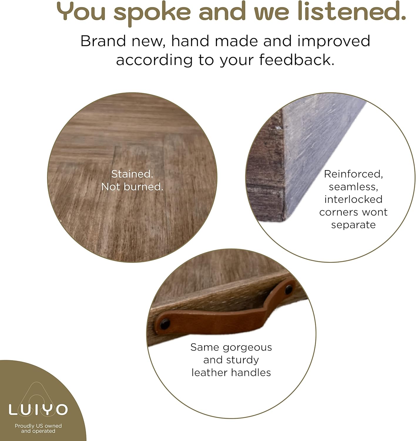 LUIYO Large Ottoman Wood Tray- with Leather Handle Decorative Wooden 24 x 24 x1.5 Inches Square Serving Tray Best for Coffee Table, Living Room and Kitchen (Large 24 * 24)
