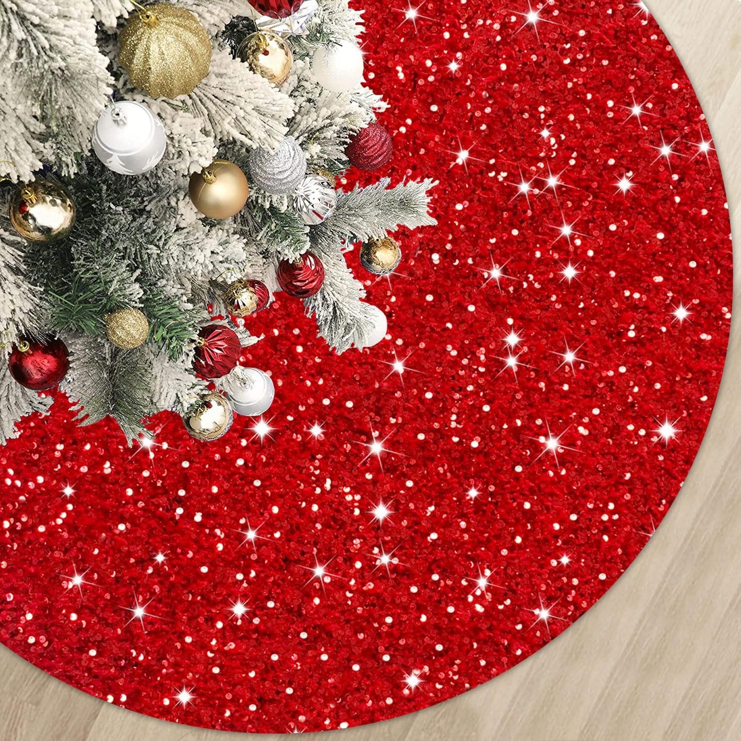 MODFUNS Christmas Tree Skirt Red Sequin Tree Skirt 36 Inch Velvet Christmas Tree Skirt Shimmer Glitter Tree Skirt Sparkle Xmas Tree Collar Bling Christmas Tree Mat for Christmas Tree Ornament