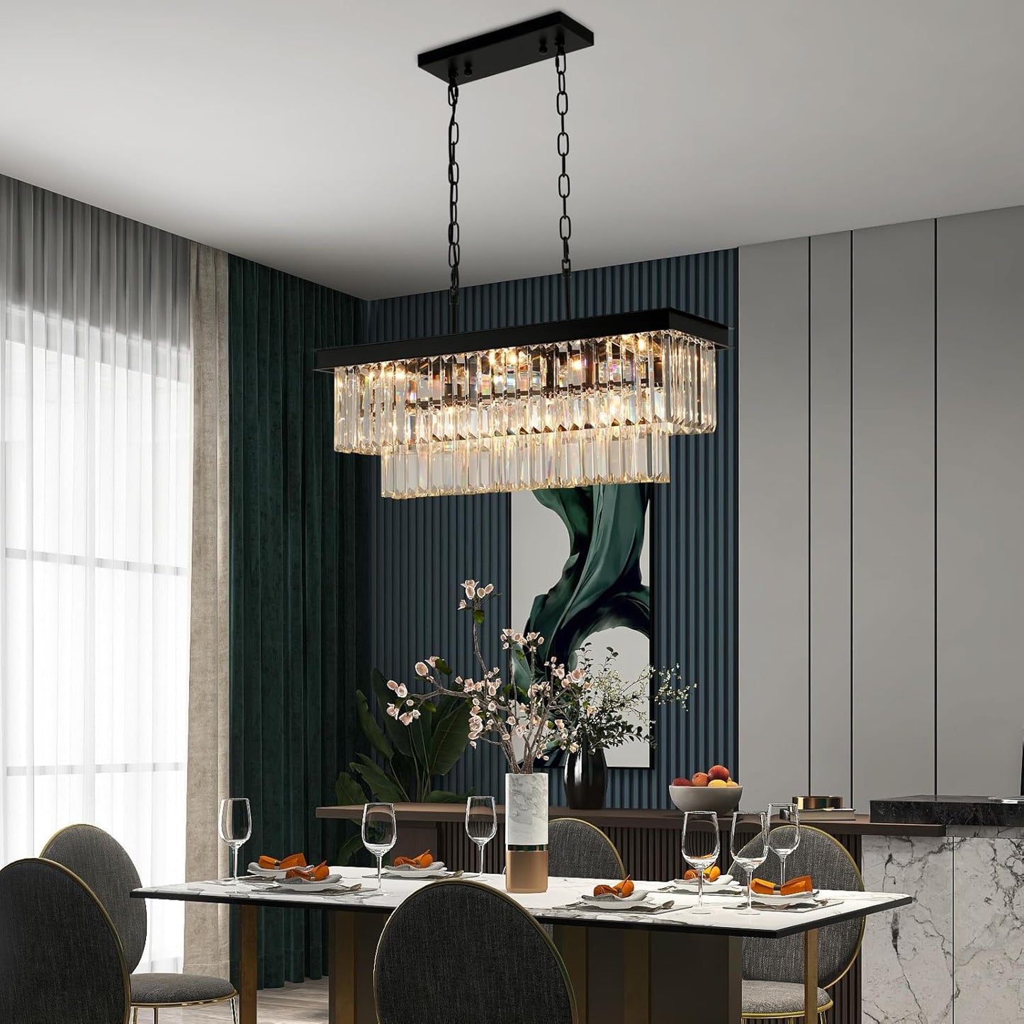 Black Crystal Chandeliers for Dining Room Light Fixtures Over Table，9-Lights Modern Rectangle Chandeliers for Kitchen Island Bar L28 Inch