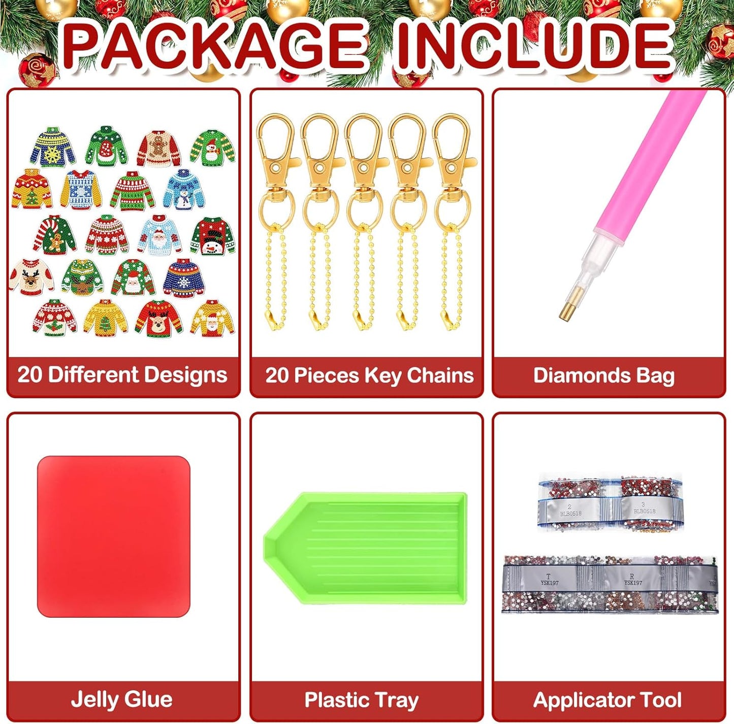 Tondiamo 20 Pcs Christmas Diamond Painting Keychain Kits 5D DIY Diamond Art Pendants Double Sided Hanging Key Chains for Christmas Party Decoration DIY(Sweater Style)