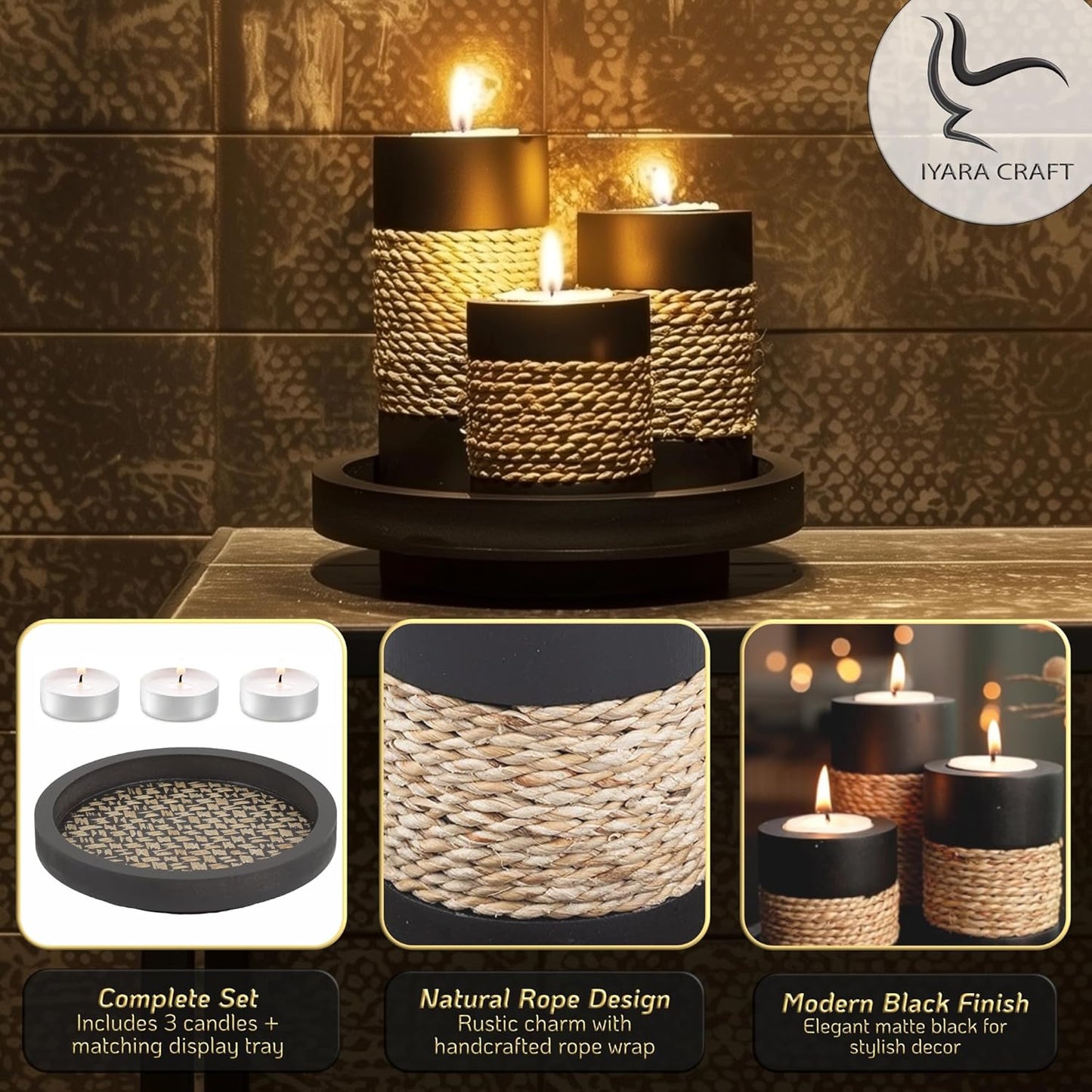 IYARA CRAFT Tealight Candle Holders with Tray – Set of 3 Handmade Wooden Candle Holders with Natural Rope Accent – Rustic Black Decor for Table Centerpiece, Office or Gift