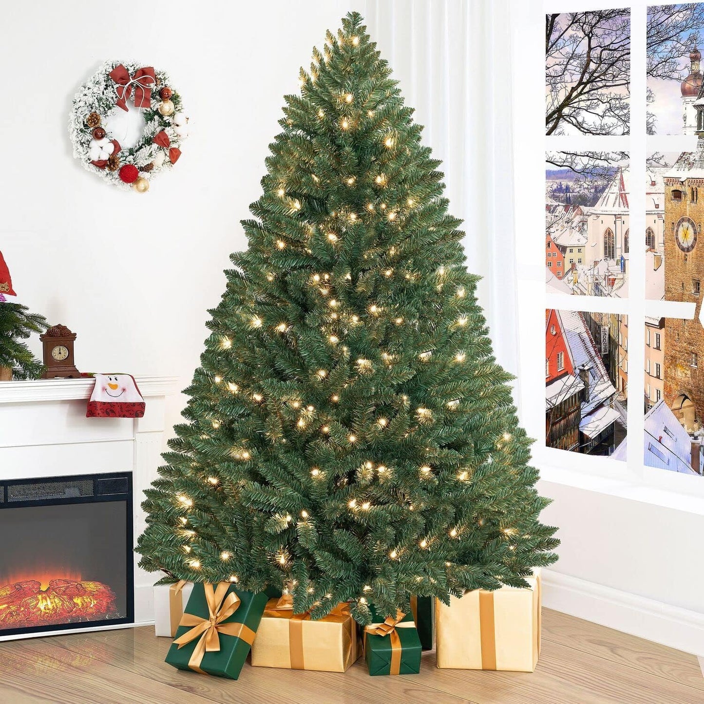 Prague 6.5ft Prelit Artificial Christmas Tree with Foot Pedal, 1197 Branch Tips, 450 Warm Lights and Metal Stand, 49" Wide Realistic Spruce Christmas Tree with Lights by Naomi Home