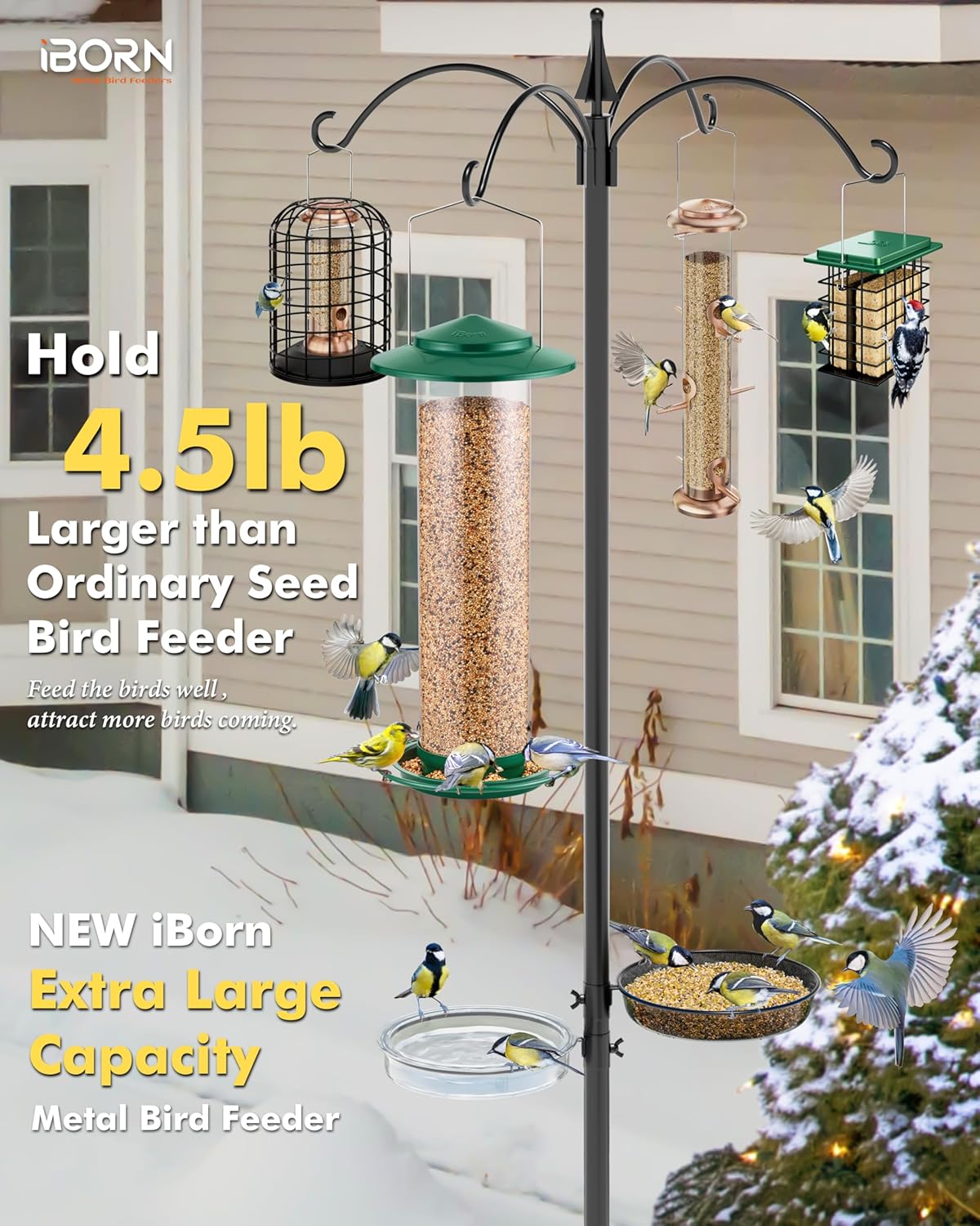 iBorn Metal Bird Feeder for Outside Hanging,Wild Bird Feeders for Cardinal,18cm Large Roof&Green,42CM Long,4.5lb High-Capacity(Seed is not Included)