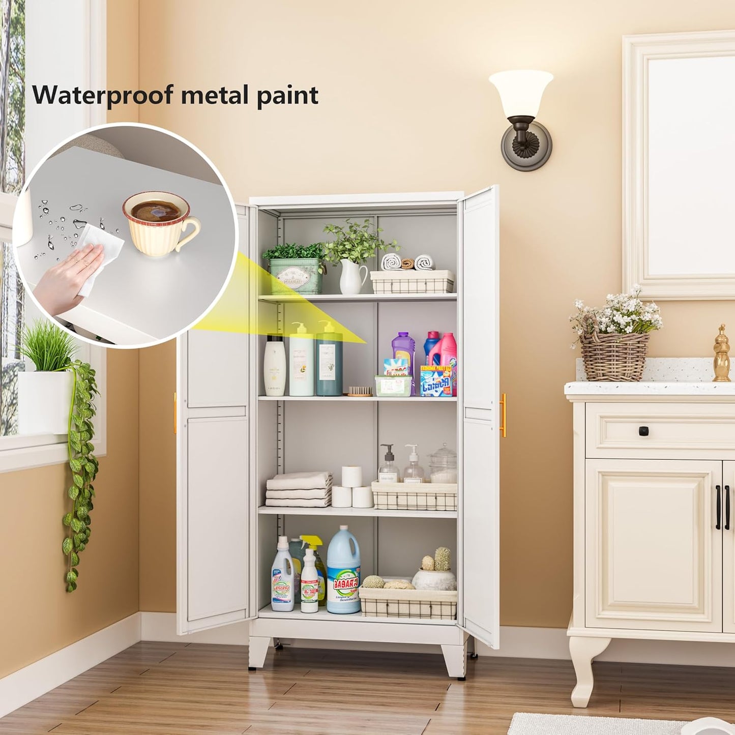 White Metal Storage Cabinet, 48" Steel Cabinets for Home Office, Kitchen Pantry Storage Cabinet with Doors and 3 Adjustable Shelves, for Office, Home, Garage, School