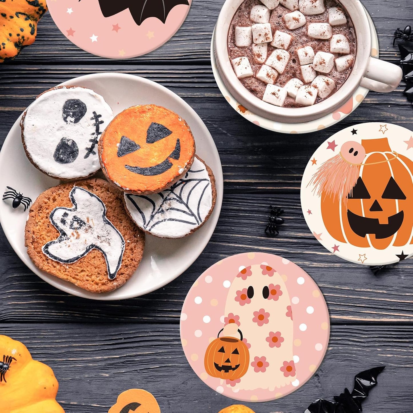 Whaline 4Pcs Halloween Coasters Pink Ghost Bat Pumpkin Ceramic Coasters Absorbent Cup Mat for Home Kitchen Office Party Table Decor