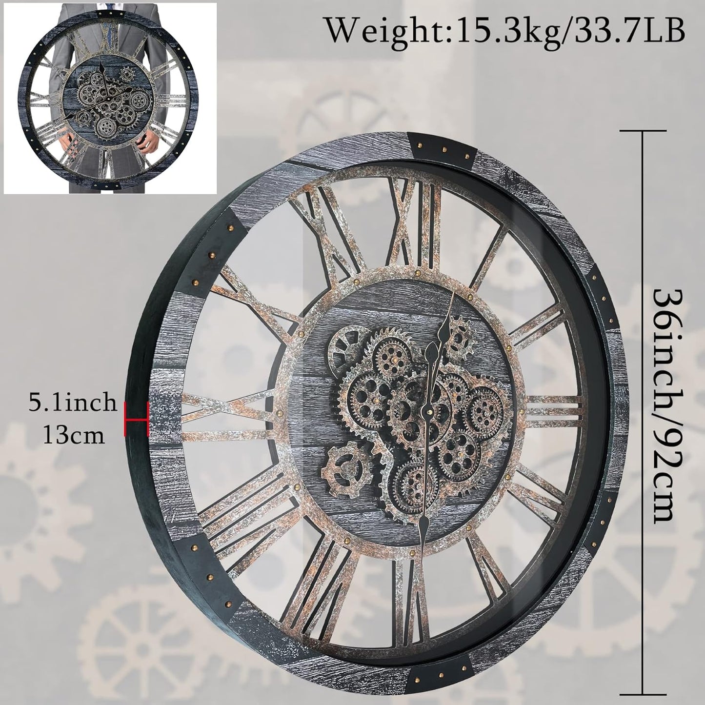 36 Inch Moving Gear Wall Clock, Oversized Wall Clocks, Clock Living Room Decor, Solid Wood Frame, Battery Operated, Large Wall Clock with Steampunk Industrial for Fireplace(Gray)