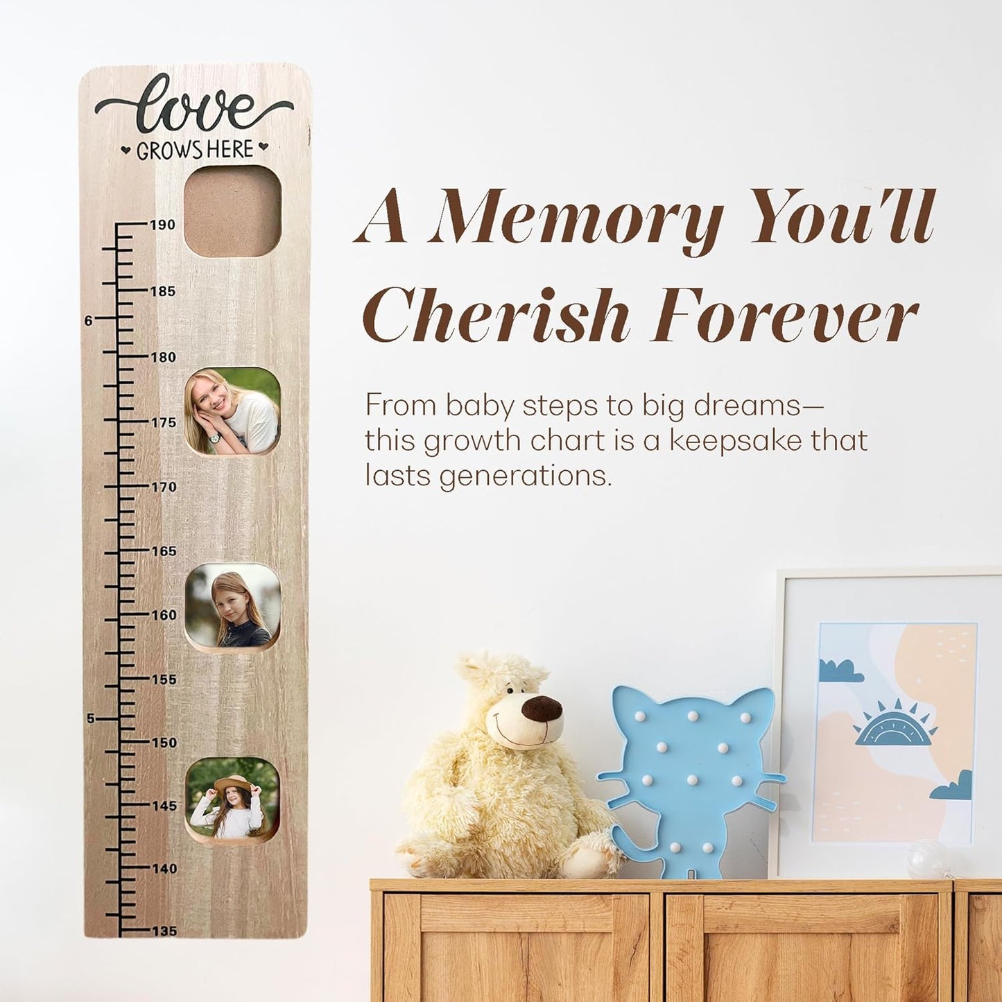 Wooden Growth Chart for Wall - Foldable Height Chart for Kids with Picture Slots - Milestone Tracker Measuring Board with Mounting Hooks - Easy Installation, Smooth Finish, Neutral Color