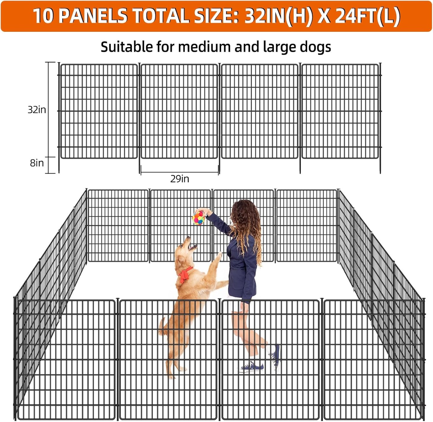 10 Panels No Dig Fence, 32 in(H) X 24 ft(L) Garden Decorative Fence Animal Barrier for Dogs, Rustproof Metal Garden Edging Border for Outdoor, Yard, Patio, Black