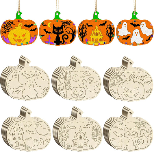 36PCS Wooden Pumpkins Ornaments to Paint Halloween Thanksgiving Decoration Cutouts Unfinished 3.5 inches, DIY Blank Unfinished Pumpkin Ornament for Home Harvest Crafts Hanging Autumn Decor（6Style）