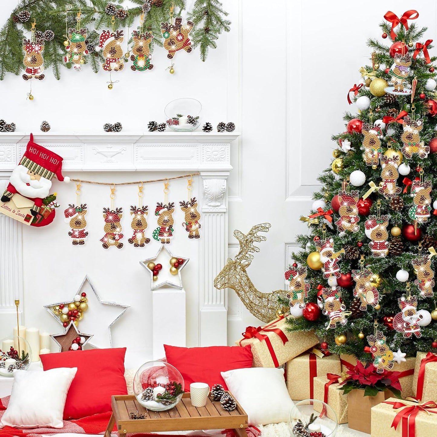 Tondiamo 20 Pcs Christmas Diamond Painting Keychain Kits 5D DIY Diamond Art Pendants Double Sided Hanging Key Chains for Christmas Party Decoration DIY(Deer Style)