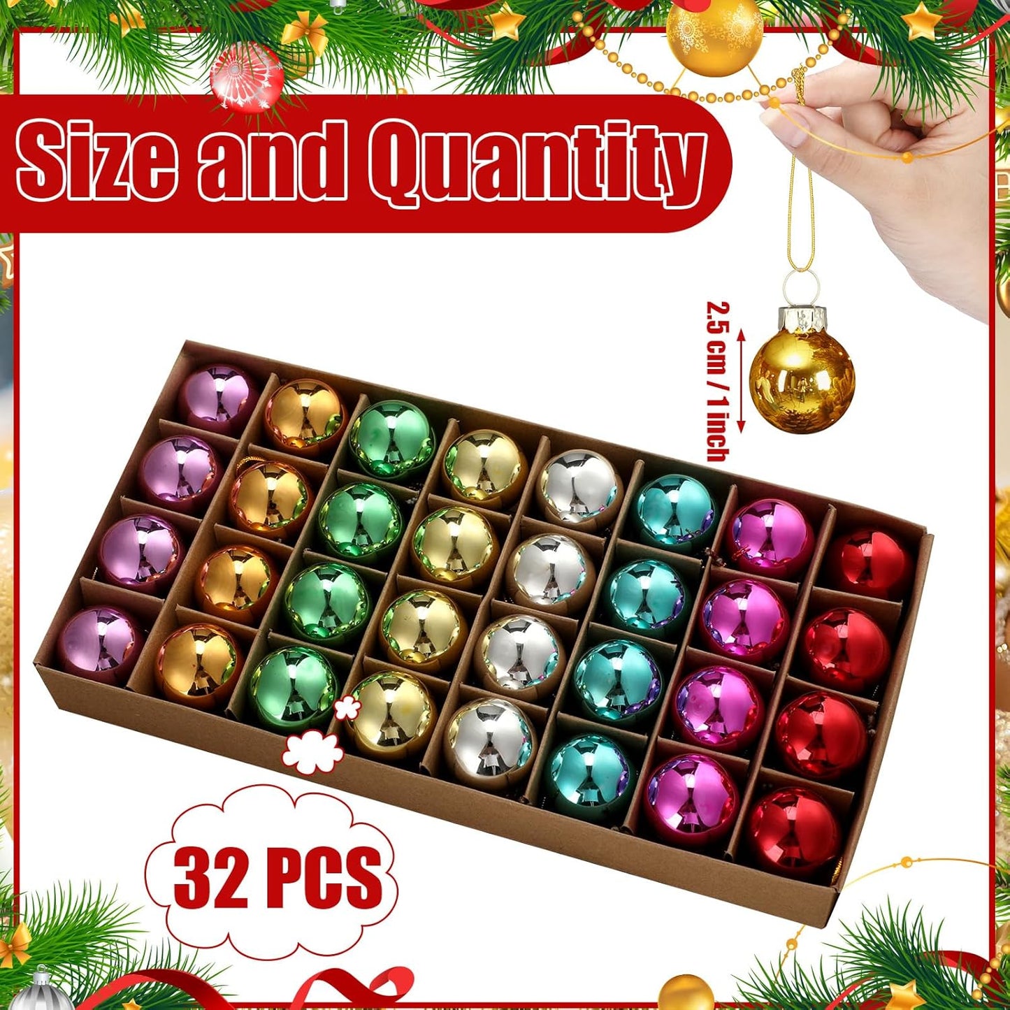 Tioncy 32 Pcs 1 Inch Mini Glass Christmas Ornaments Balls Shiny Christmas Balls Tiny Tree Hanging Decoration Small Colorful Ball Pendant for Xmas Party Supplies(Multi Colors)