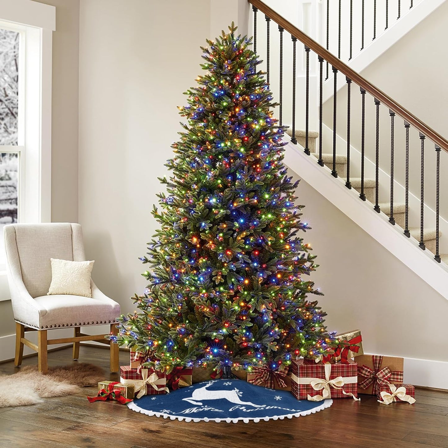 36 Inch Christmas Tree Skirt, Burlap Blue Christmas Rustic Tree Skirt with Elk Deer and White Snowflake Printed for Holiday Party Xmas Tree Decoration