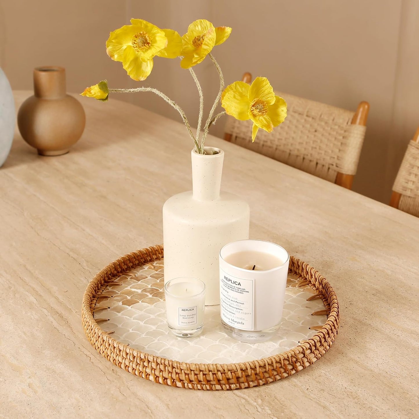 Round Rattan Tray with Mother of Pearl Inlay & Wooden Base - Decorative Wicker Serving Tray for Coffee/Bread/Fruits, Food Storage & Display - Multipurpose Home Decor (L,Fish Scales)