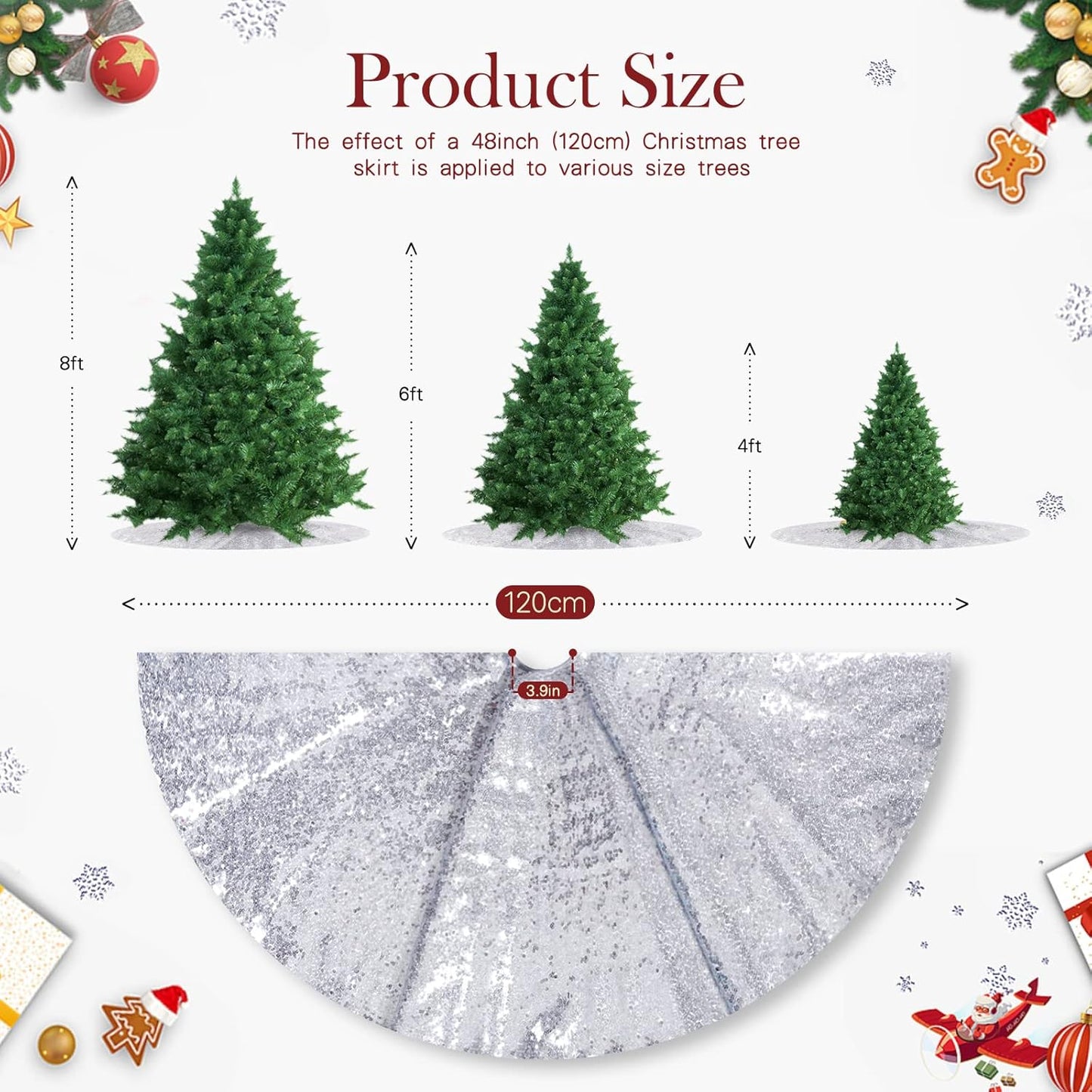 Christmas Tree Skirt Silver 48 Inch Round Tree Skirt Sequin Christmas Tree Skirt for Christmas Decoration