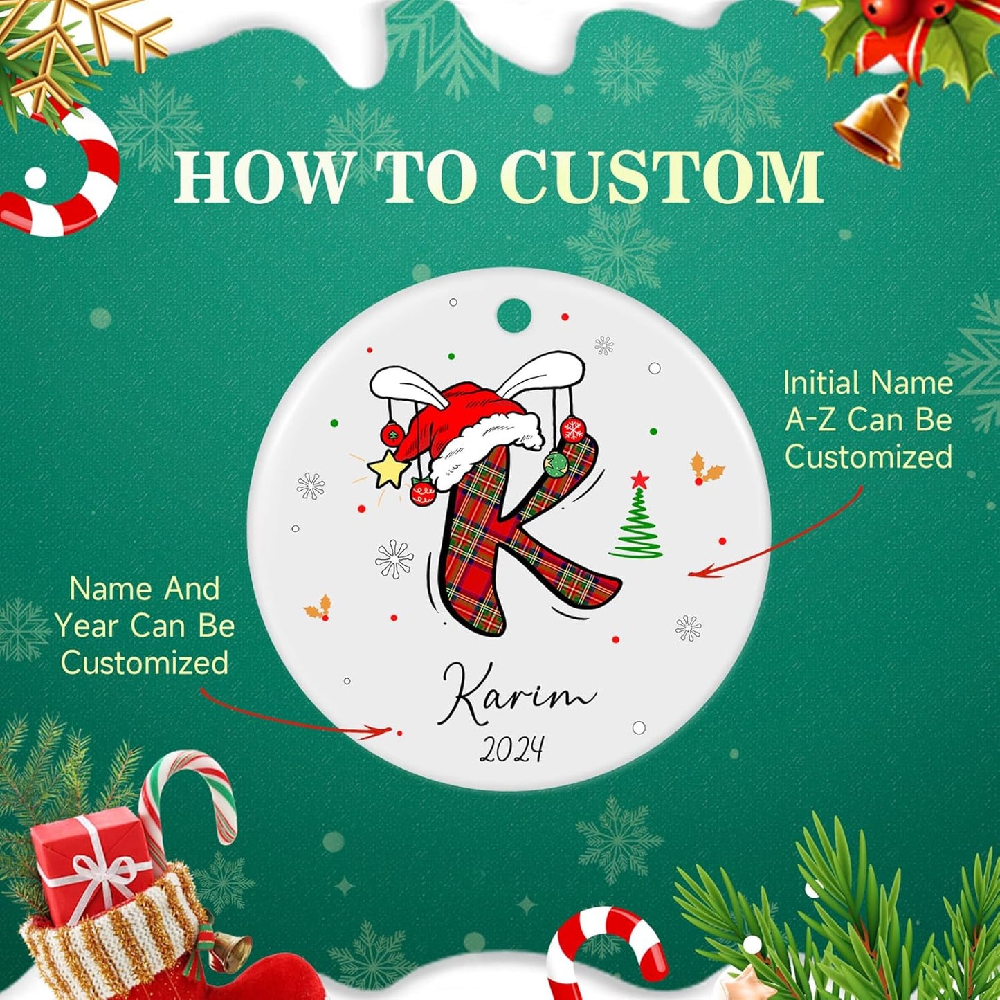 Personalized Christmas Ornaments with Initial Name, Ceramic Custom Monogram Initial A-Z Christmas Ornament 2025 for Kids Family Friends, Customized Letter Name Ornaments for Christmas Tree Decorations